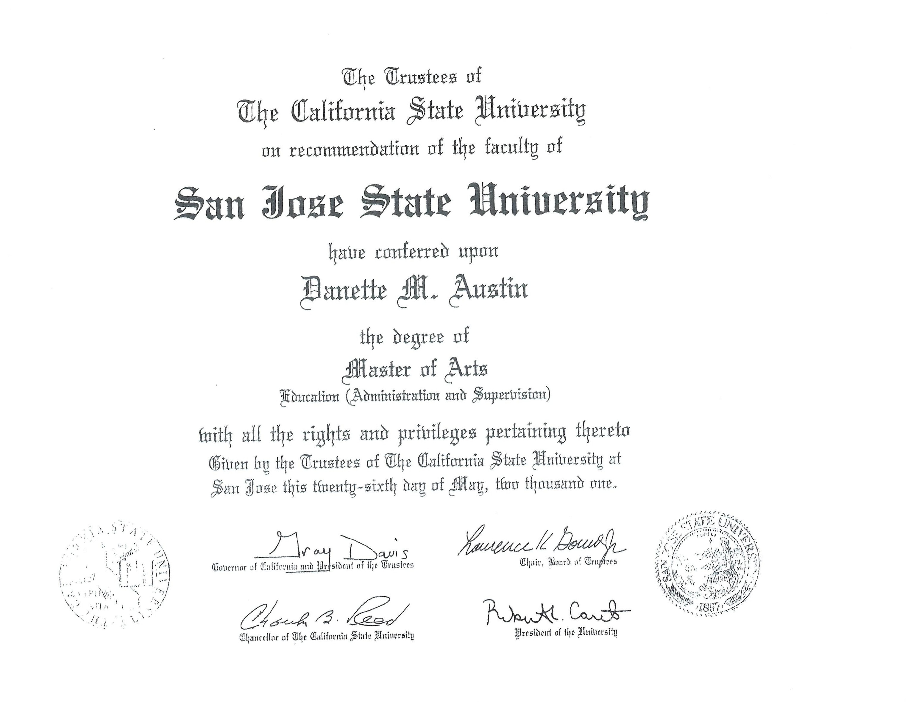San Jose State University Master of Arts Degree
